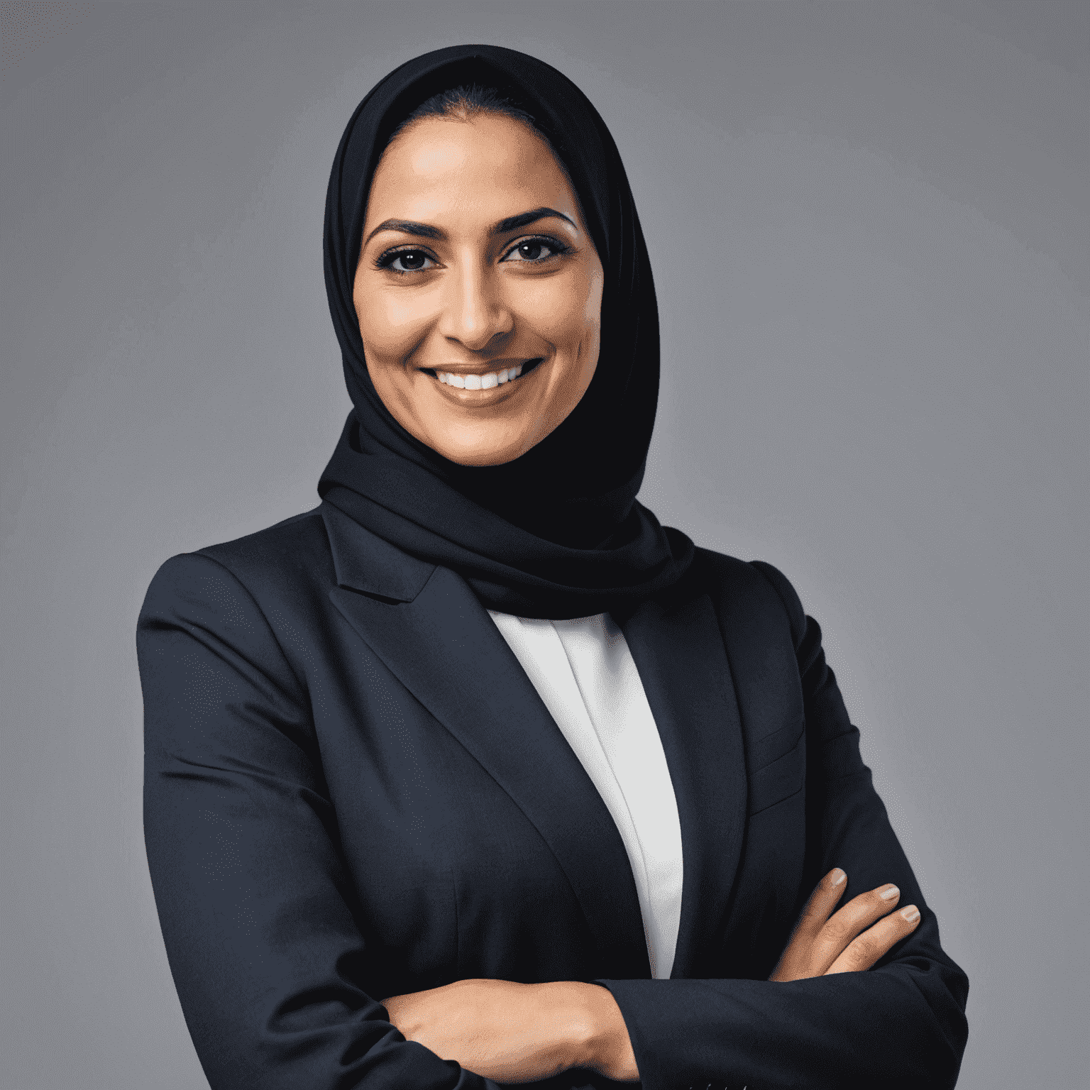 Sarah Al-Mansouri, CEO of Mobil-5g, a woman in her mid-40s with a professional appearance, wearing a modern hijab and business attire, smiling confidently