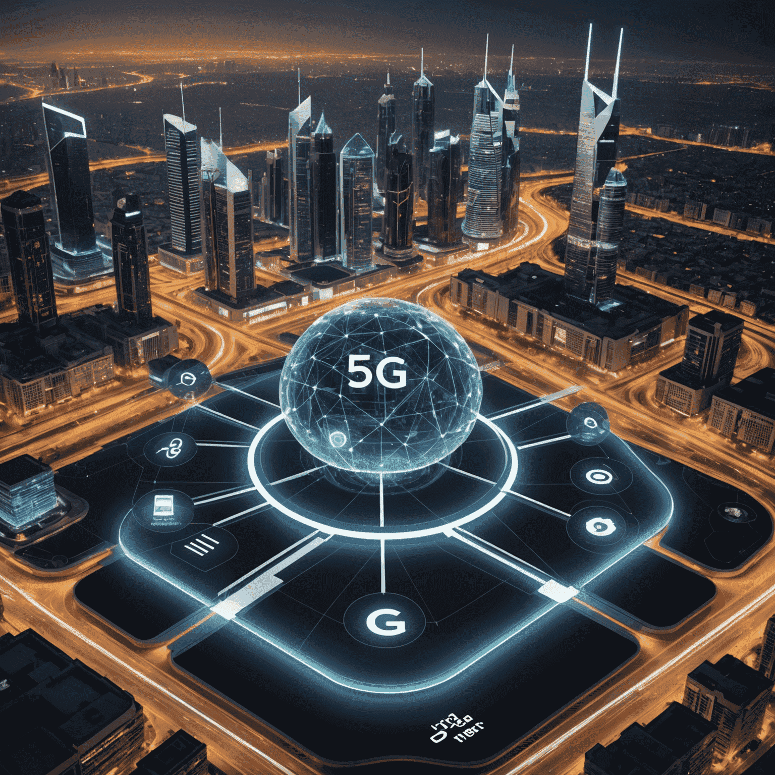 Visualization of 5G network with connected devices and fast data streams, representing the 5G revolution in the UAE