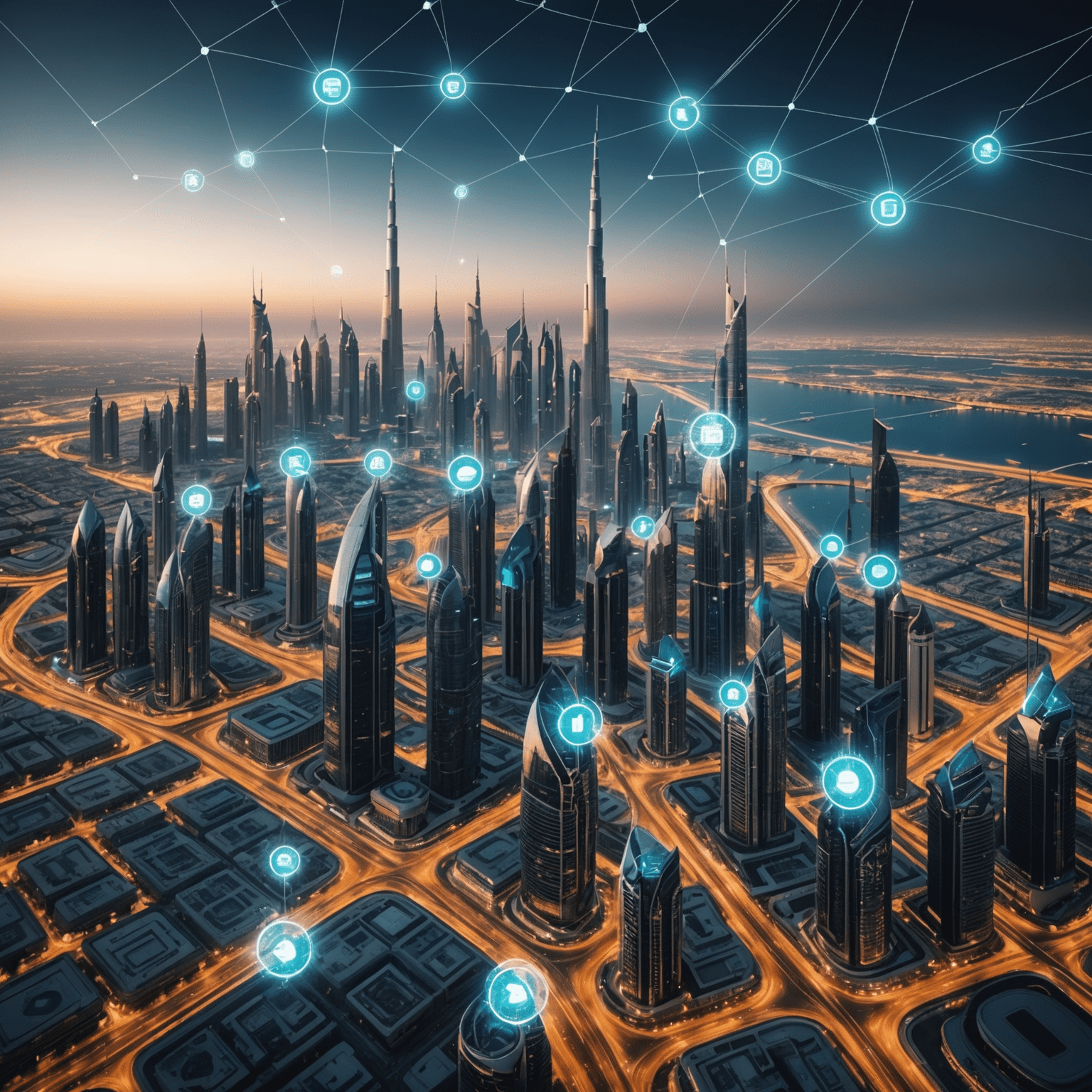 Futuristic cityscape of Dubai with 5G network visualization overlaid, showing interconnected devices and fast data streams