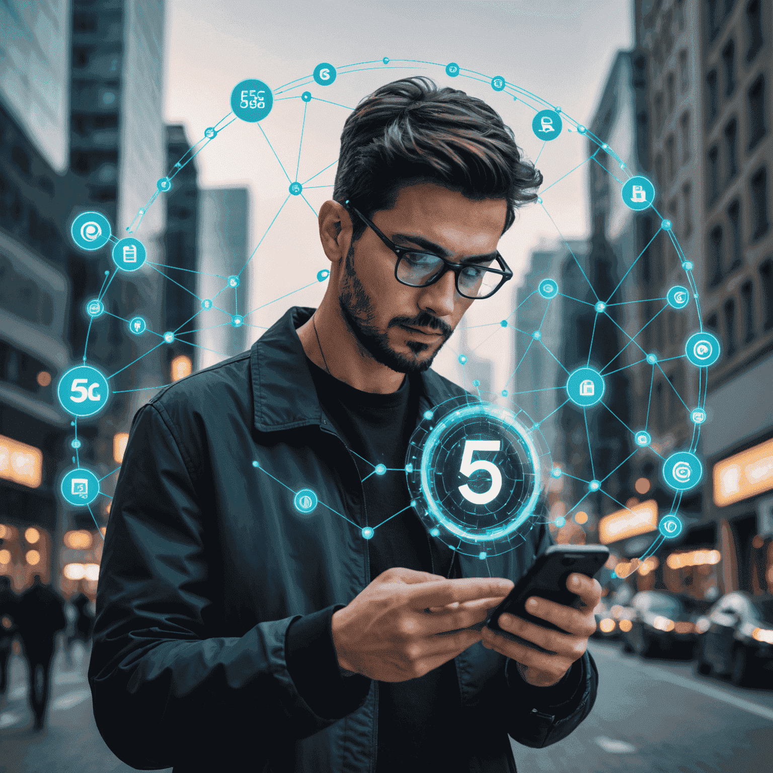 Person using smartphone with 5G icon, surrounded by futuristic network visualization