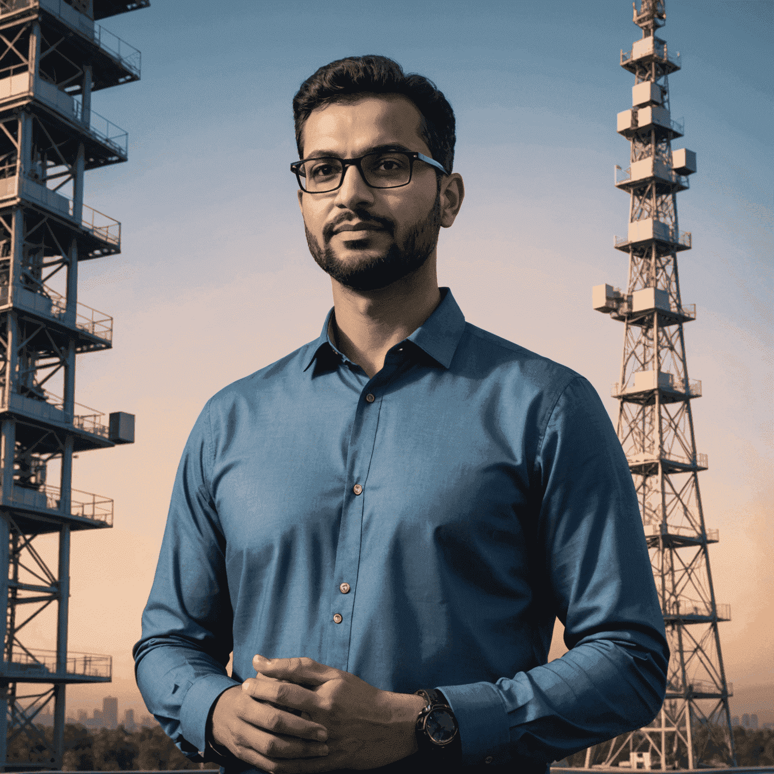 Ahmed Khalid, CTO of Mobil-5g, a man in his late 30s with a tech-savvy look, wearing smart casual attire and glasses, standing next to a 5G tower