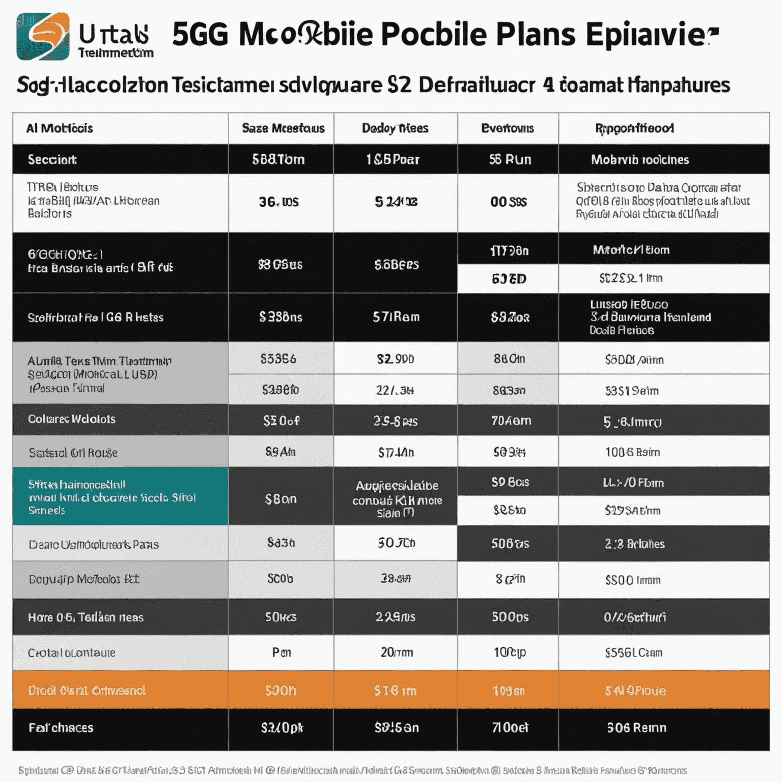 Comparison chart of various 5G mobile plans offered by UAE telecom providers, showing prices, data limits, and special features