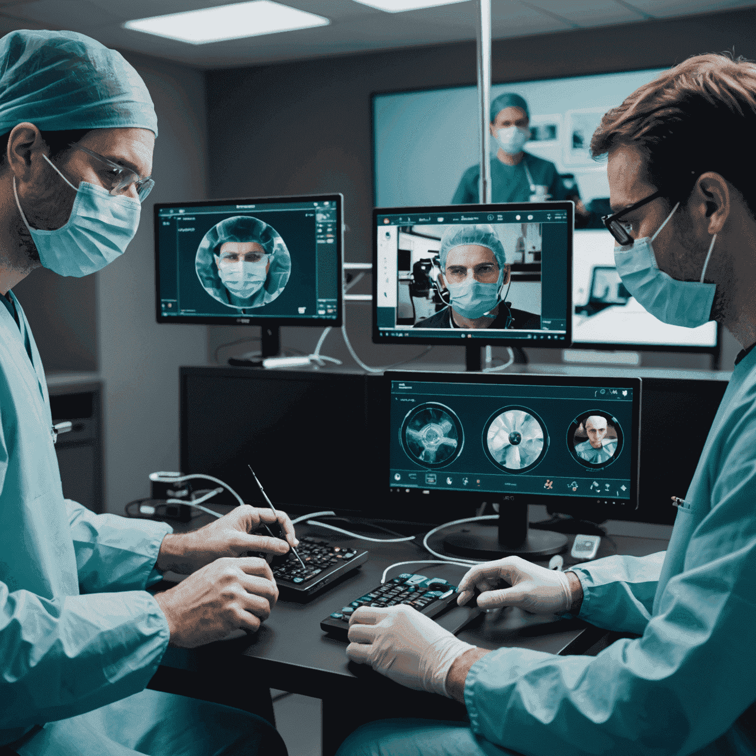 Split-screen image showing a surgeon performing remote surgery using 5G technology on one side, and mobile gamers enjoying lag-free gameplay on the other