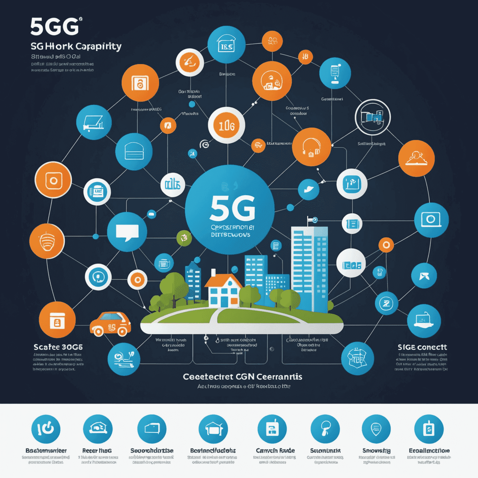 An infographic showing the increased device capacity of 5G networks compared to previous generations, with icons representing various smart home devices connected to a central 5G hub