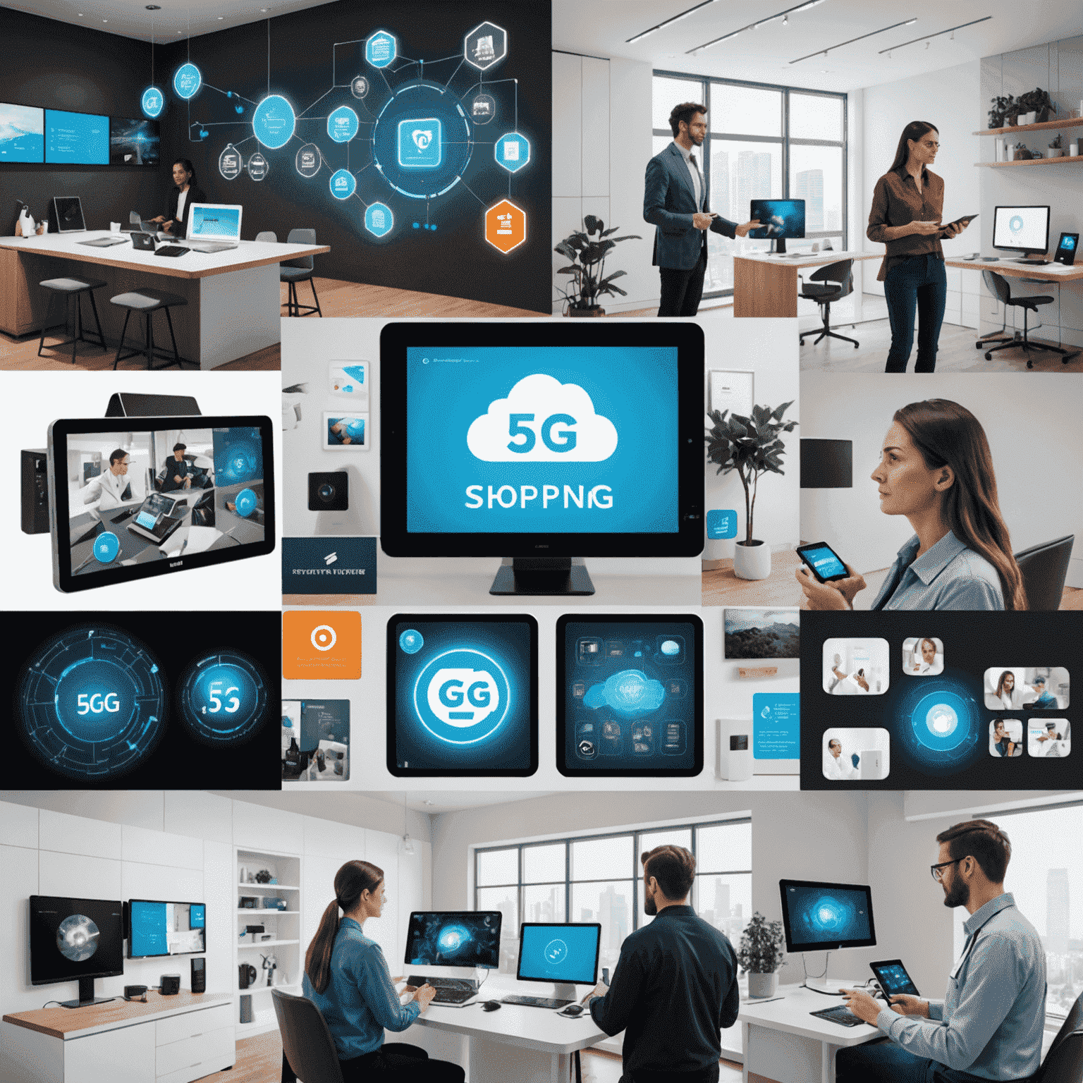 Collage showcasing various 5G applications: AR shopping experience, smart home control panel, mobile cloud computing, emergency response system, and telemedicine consultation