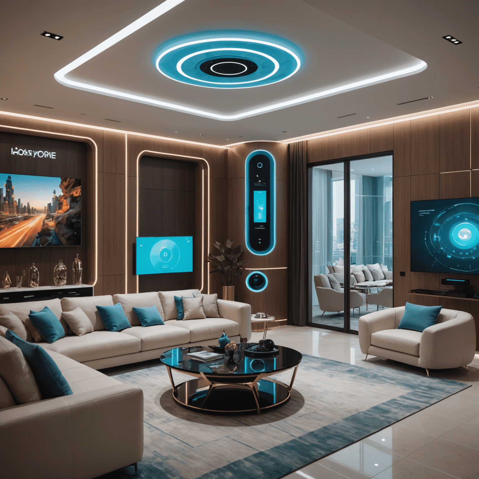 A futuristic living room in a UAE smart home, showcasing holographic displays, automated furniture, and a central control panel all connected via 5G technology