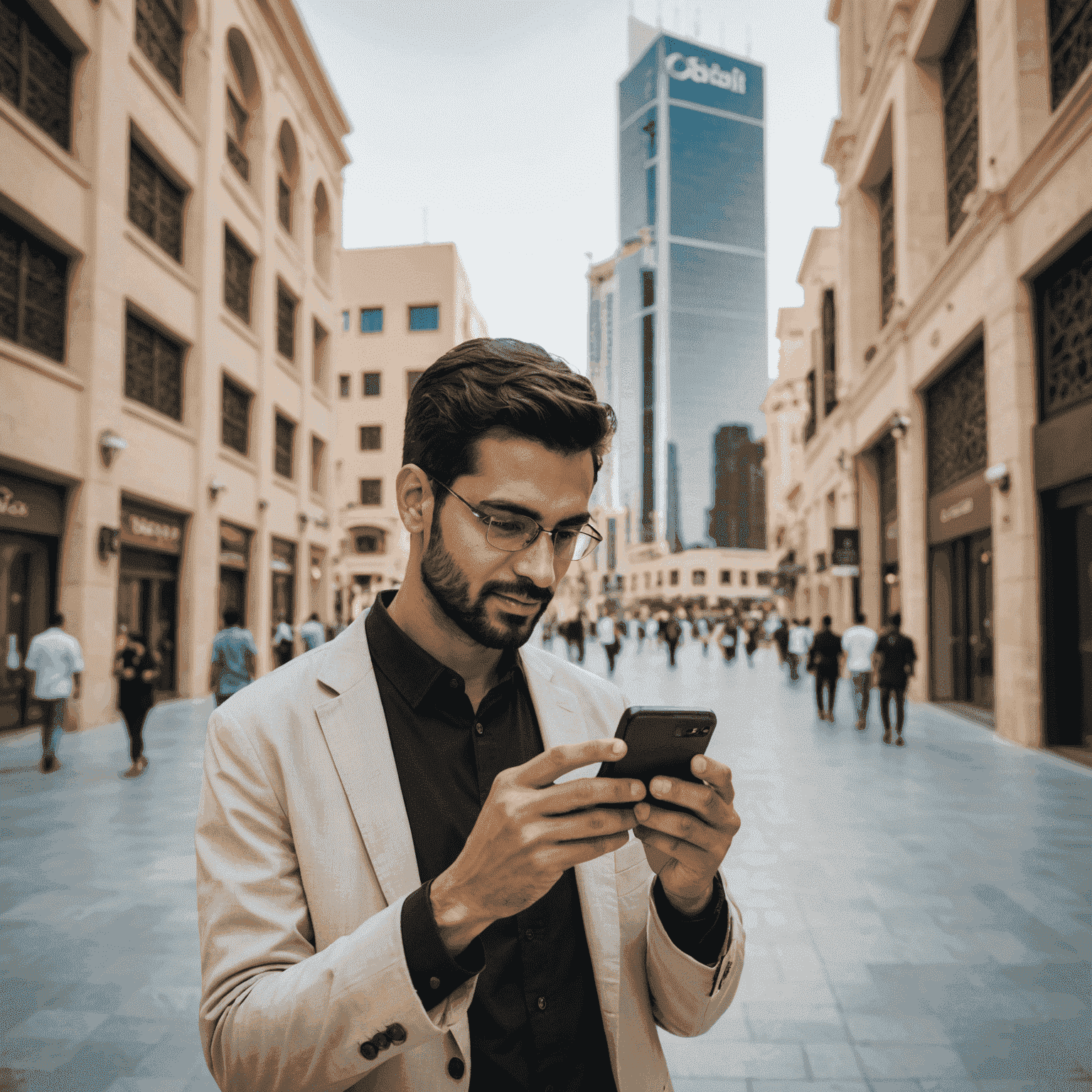 Person using a 5G-enabled smartphone in various locations across UAE, with visual cues for optimizing settings and finding best coverage